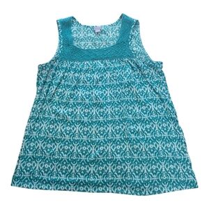 Laura Scott Green Ikat Like Print Crocheted Neckline Tank Top Women's 1X